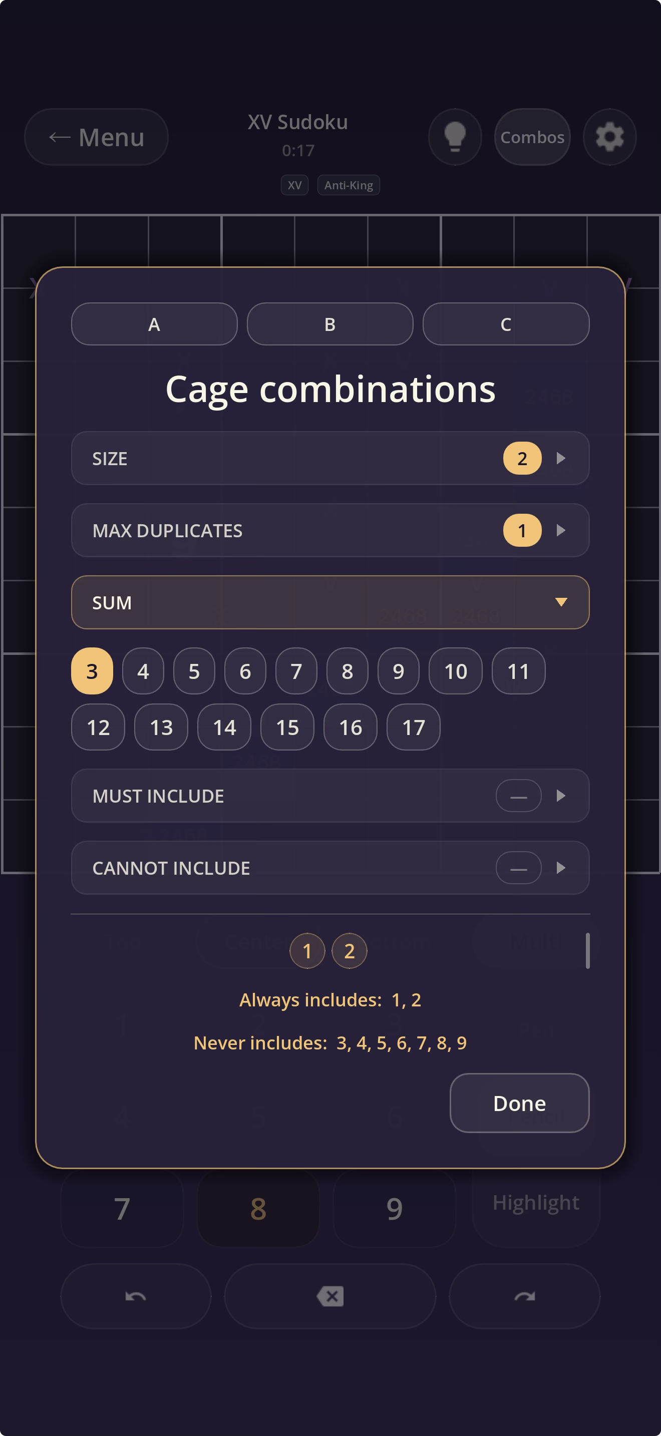 The Combos sheet listing valid digit combinations for a Killer cage