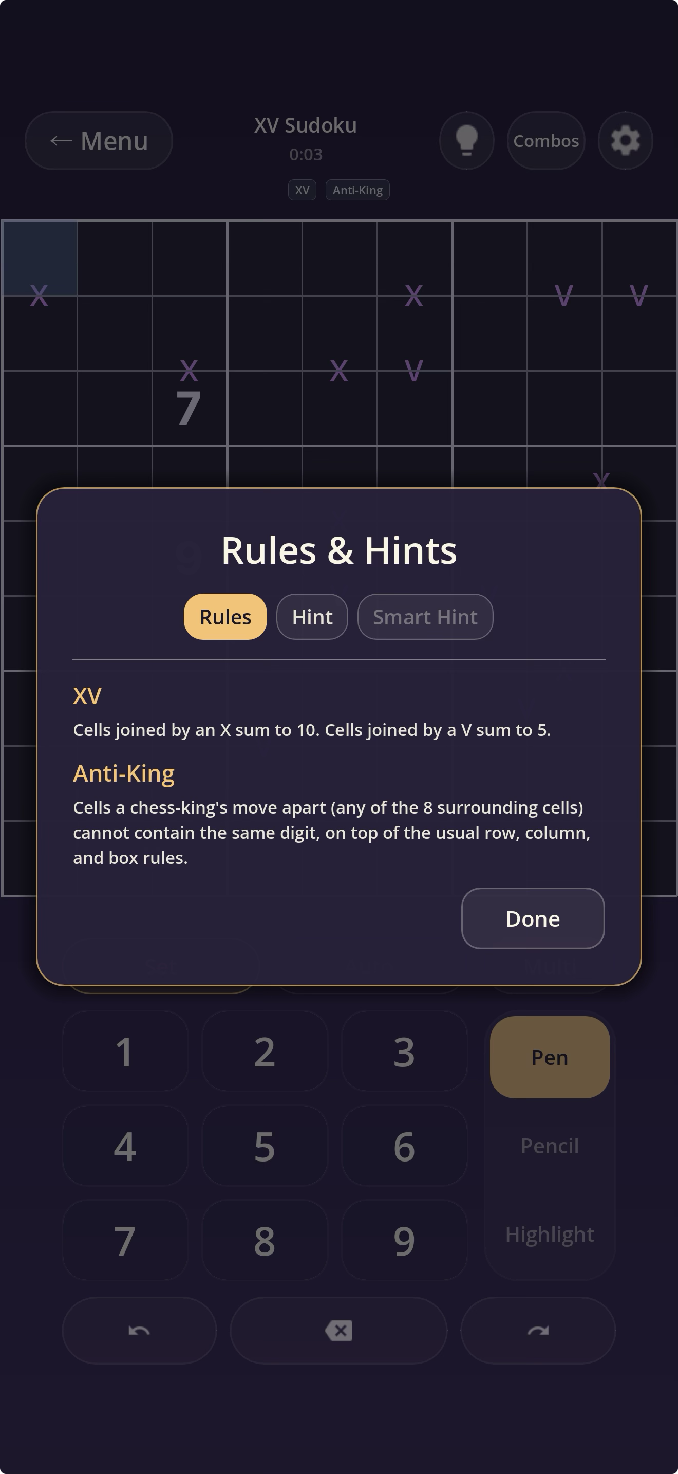 A mashup puzzle with variant chips and the rules sheet open