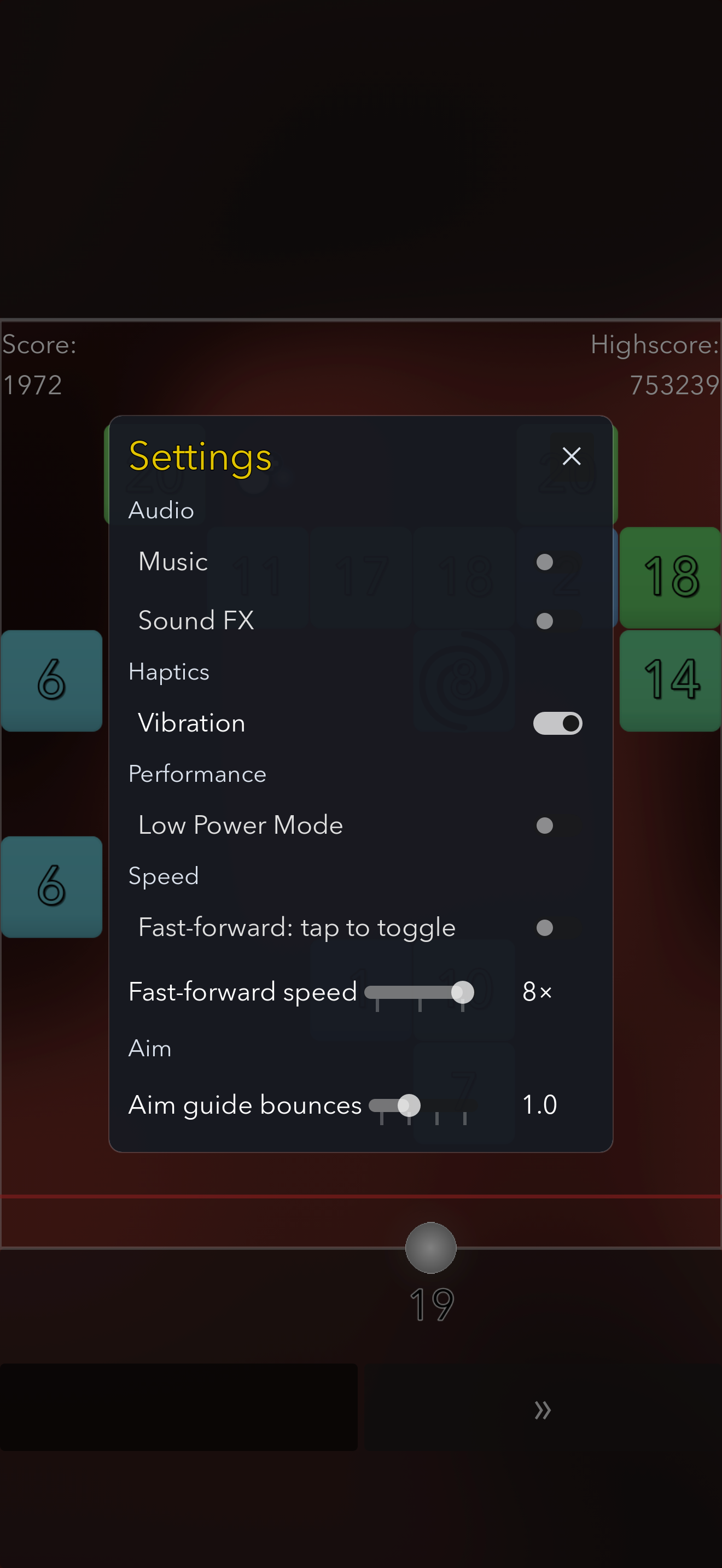 The settings panel with music, sound and vibration toggles